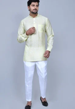 Digital Printed Art Silk Short Kurta Set in Light Yellow