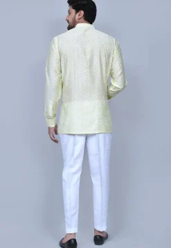 Digital Printed Art Silk Short Kurta Set in Light Yellow