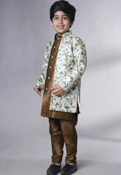 Digital Printed Art Silk Sherwani in Brown