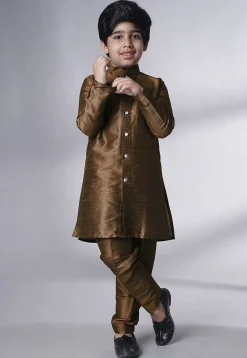 Digital Printed Art Silk Sherwani in Brown
