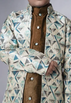 Digital Printed Art Silk Sherwani in Brown