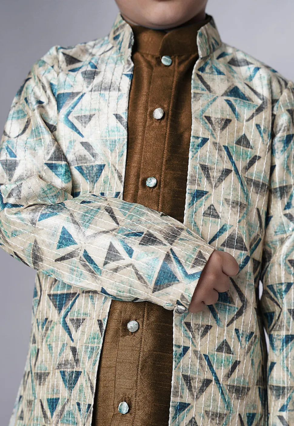 Digital Printed Art Silk Sherwani in Brown