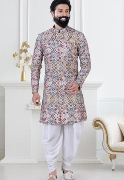 Digital Printed Art Silk Jacquard Sherwani in Multicolor