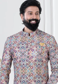 Digital Printed Art Silk Jacquard Sherwani in Multicolor