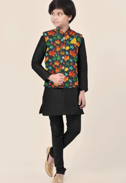 Digital Printed Art Silk Kurta Set in Black