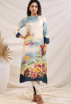 Digital Printed Art Silk Straight Kurta Set in Cream and Sky Blue