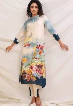 Digital Printed Art Silk Straight Kurta Set in Cream and Sky Blue