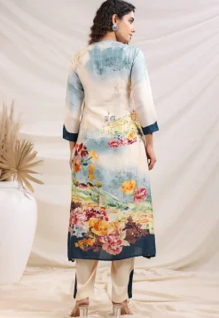 Digital Printed Art Silk Straight Kurta Set in Cream and Sky Blue