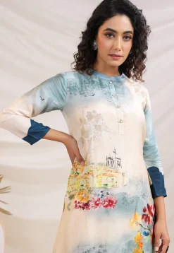 Digital Printed Art Silk Straight Kurta Set in Cream and Sky Blue