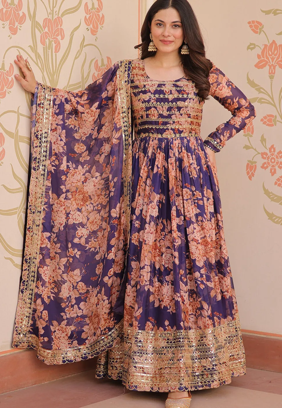 Digital Printed Art Silk Abaya Style Suit in Purple