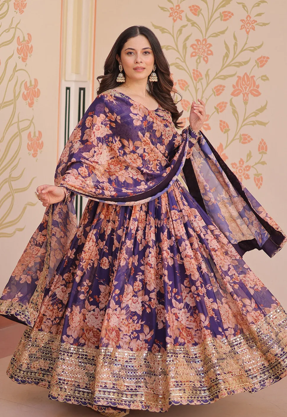 Digital Printed Art Silk Abaya Style Suit in Purple