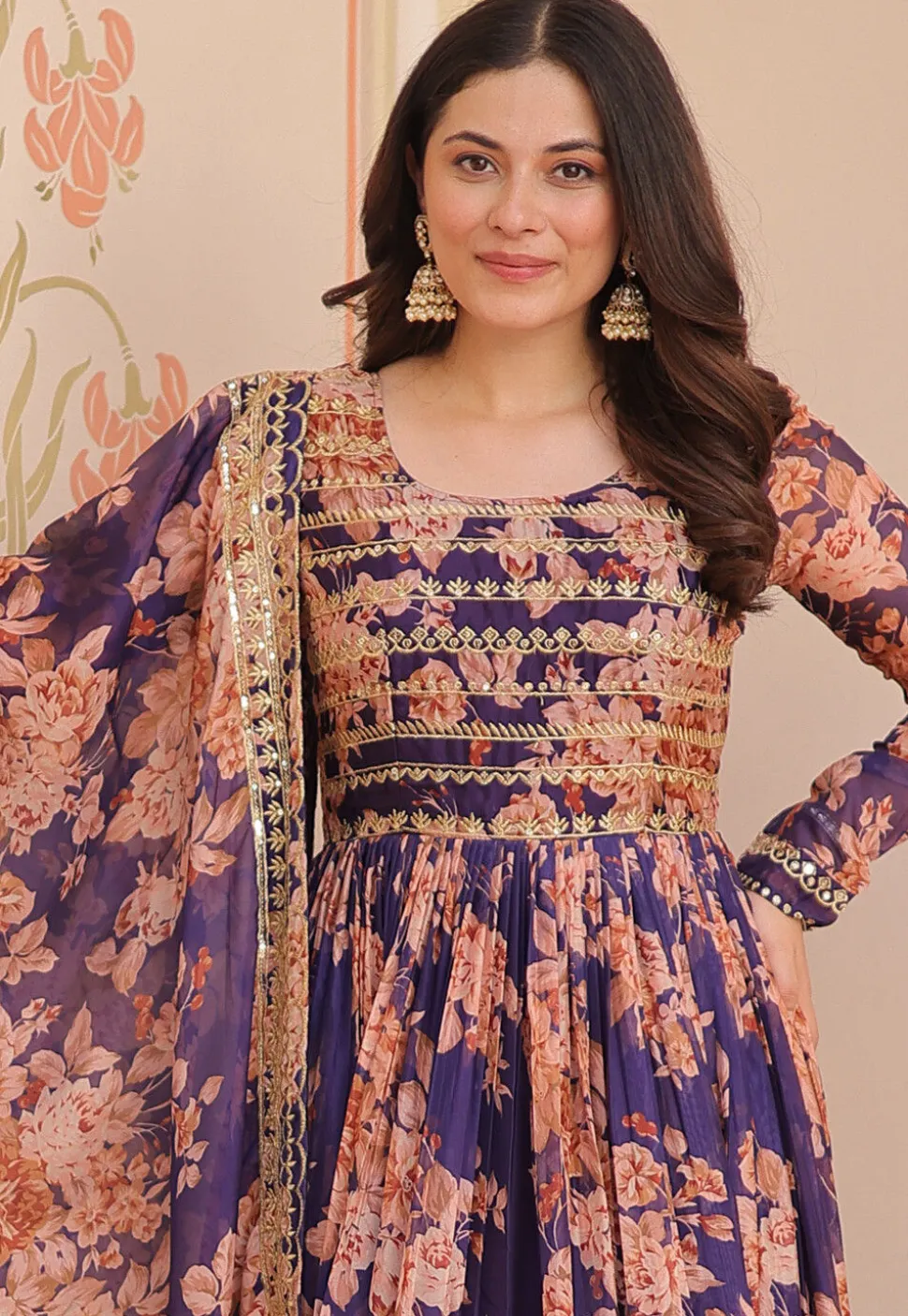 Digital Printed Art Silk Abaya Style Suit in Purple