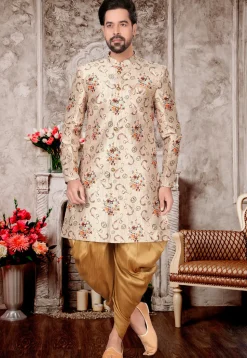 Digital Printed Art Silk Dhoti Sherwani in Light Beige
