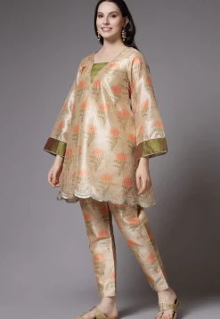 Digital Printed Art Silk Pakistani Suit in Beige