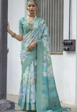 Digital Printed Art Silk Saree in Sea Green