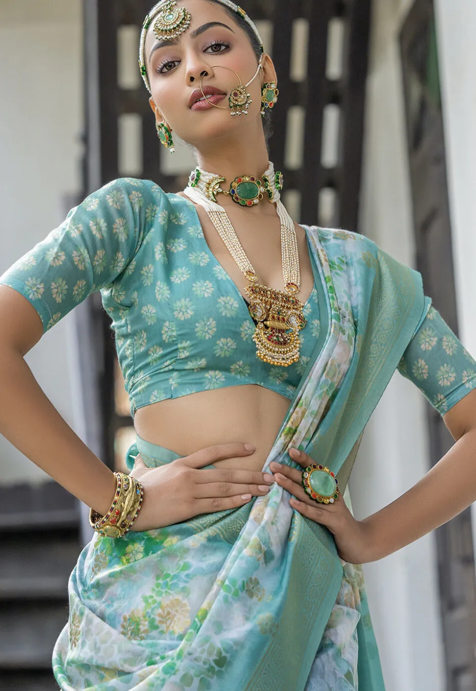 Digital Printed Art Silk Saree in Sea Green