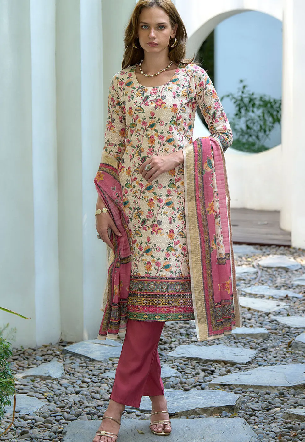 Digital Printed Art Silk Pakistani Suit in Cream