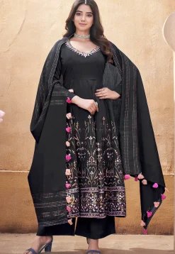 Digital Printed Art Silk Anarkali Suit in Black