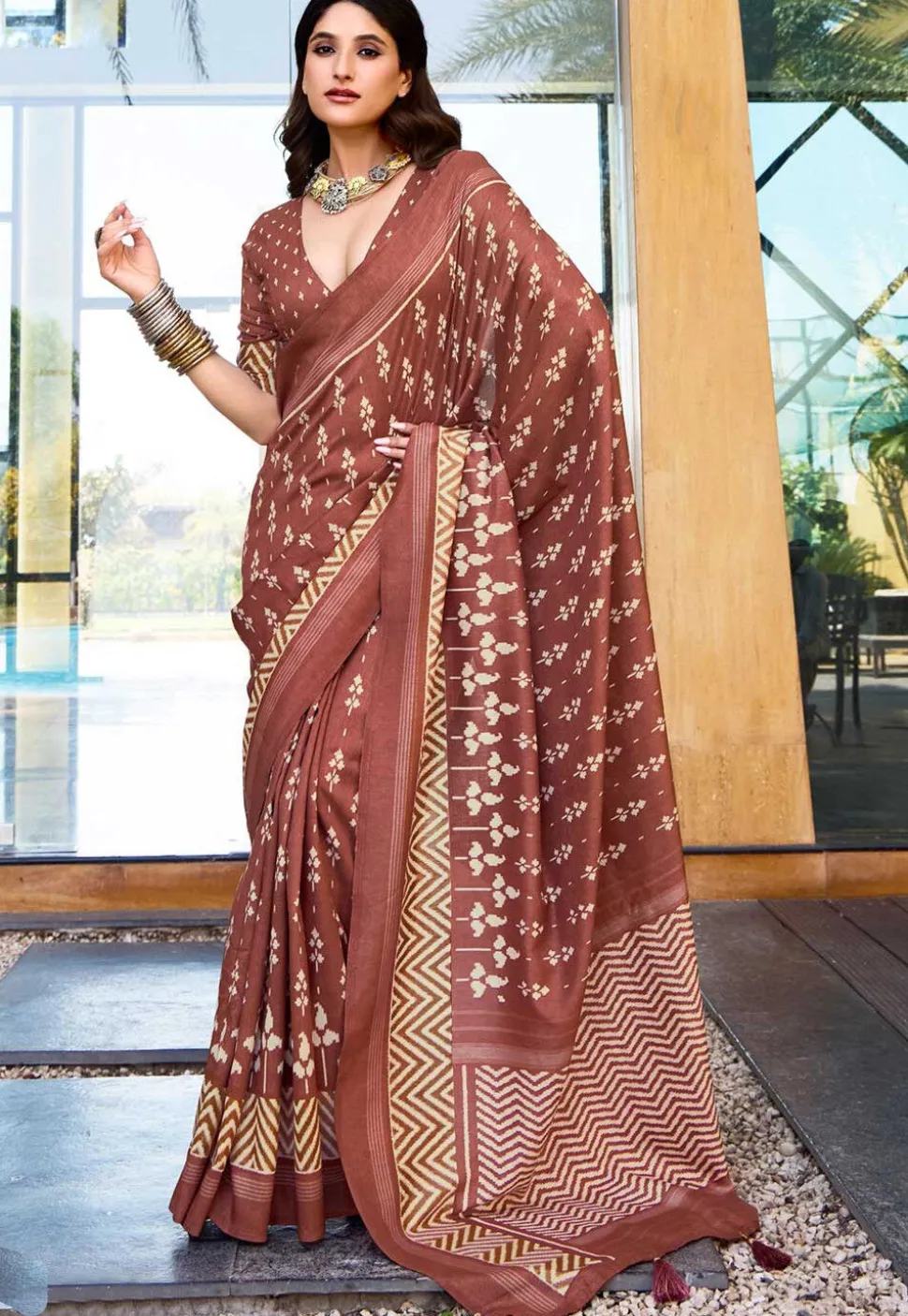 Digital Printed Art Silk Saree in Brown