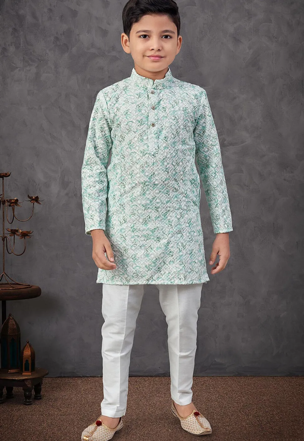 Digital Printed Art Silk Kurta Set in Off White and Sea Green