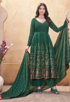 Digital Printed Art Silk Anarkali Suit in Dark Green