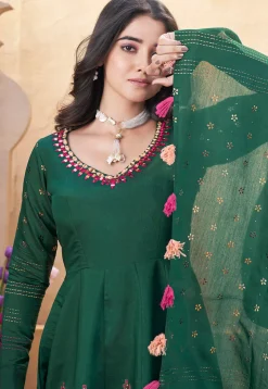 Digital Printed Art Silk Anarkali Suit in Dark Green