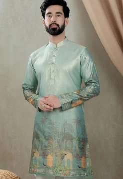 Digital Printed Art Silk Kurta in Light Sea Green