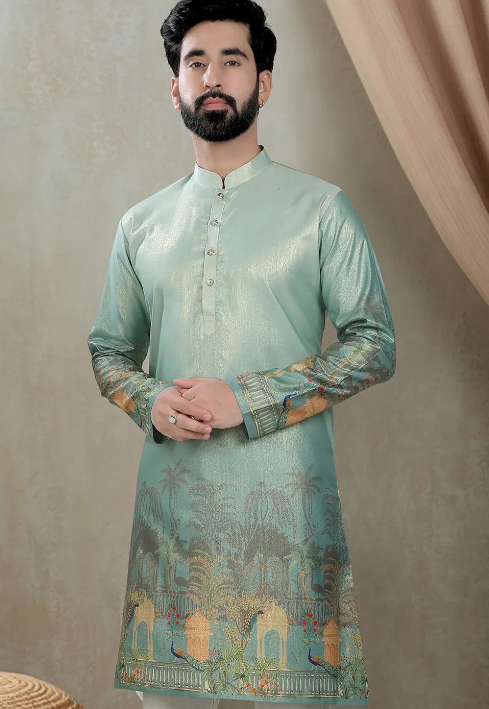 Digital Printed Art Silk Kurta in Light Sea Green