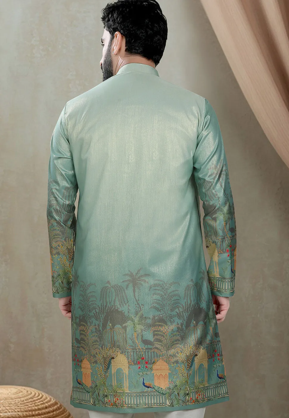 Digital Printed Art Silk Kurta in Light Sea Green