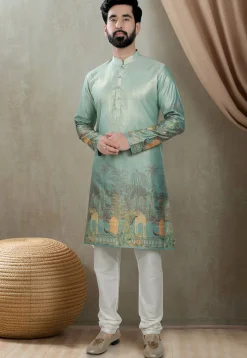 Digital Printed Art Silk Kurta in Light Sea Green