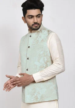 Digital Printed Art Silk Nehru Jacket in Pastel Green