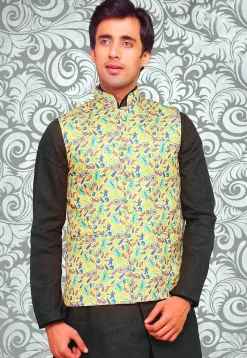 Digital Printed Art Silk Jacket in Light Yellow