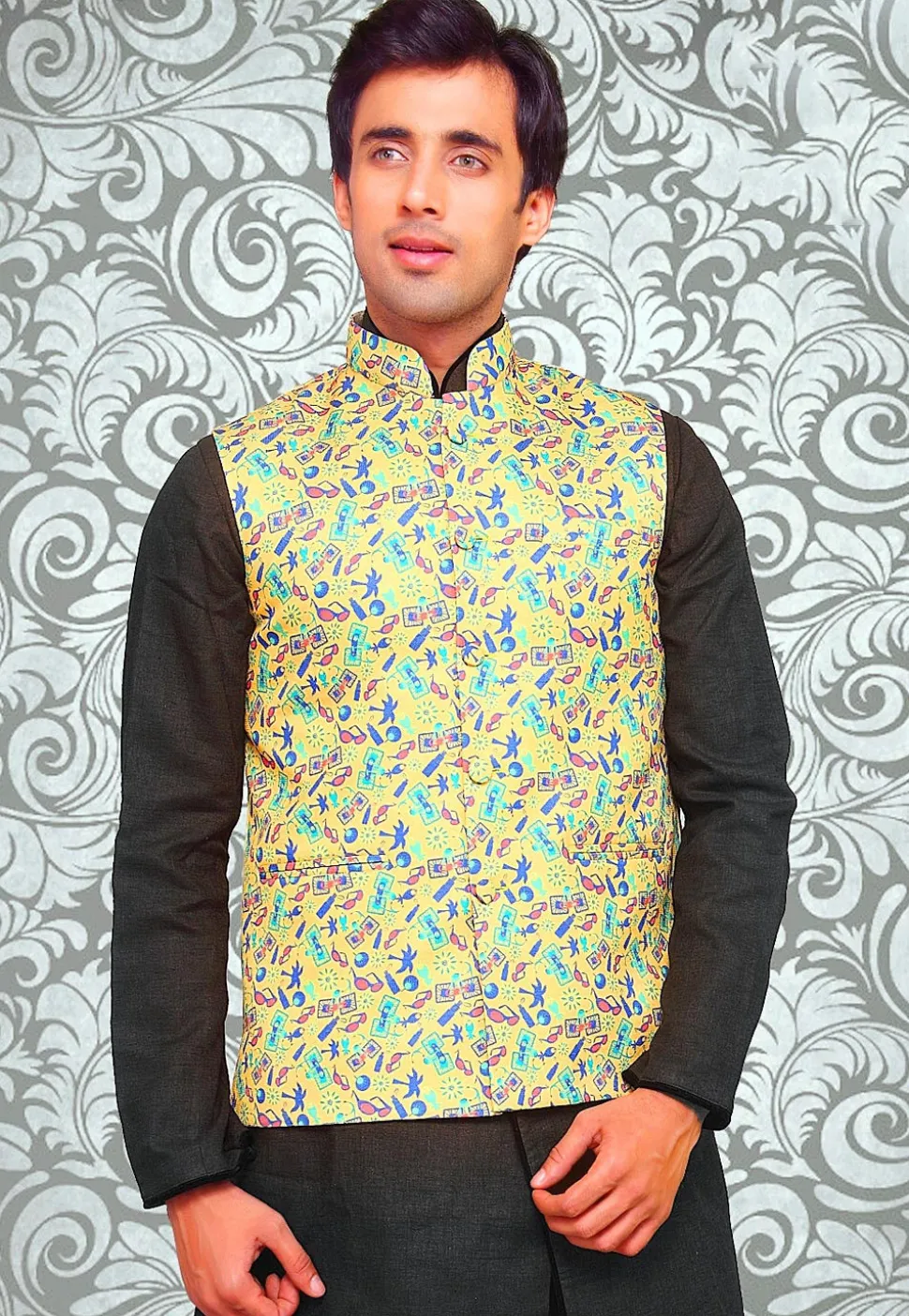 Digital Printed Art Silk Jacket in Light Yellow