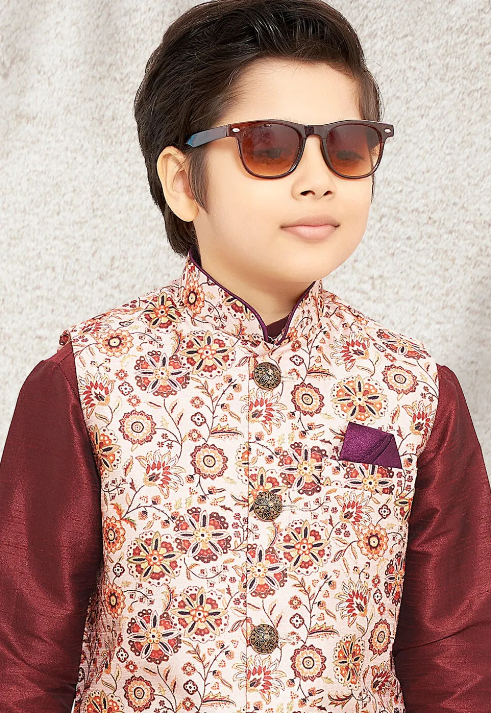 Digital Printed Art Silk Kurta Jacket Set in Maroon and Cream