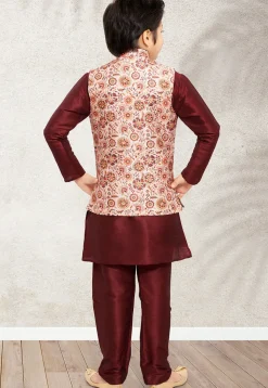 Digital Printed Art Silk Kurta Jacket Set in Maroon and Cream