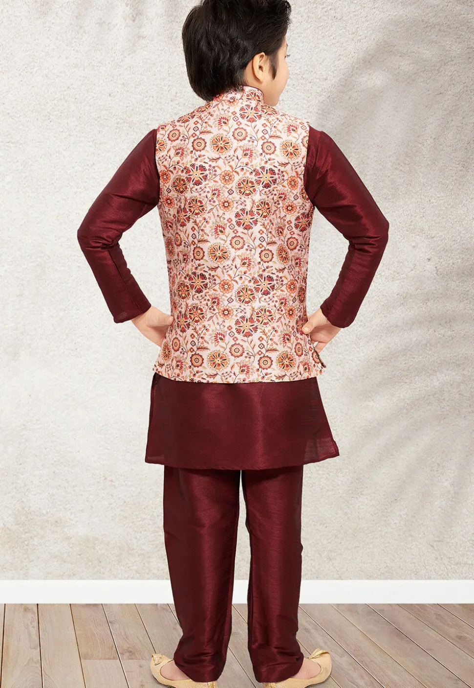 Digital Printed Art Silk Kurta Jacket Set in Maroon and Cream