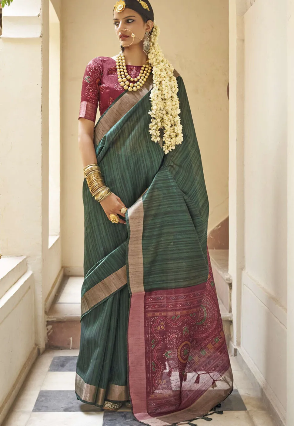 Digital Printed Art Silk Saree in Green