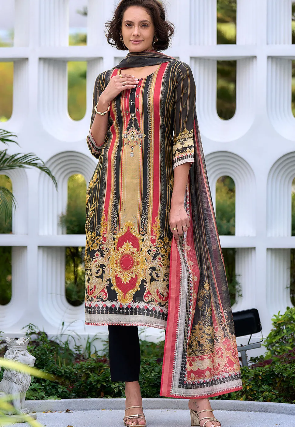 Digital Printed Art Silk Pakistani Suit in Black