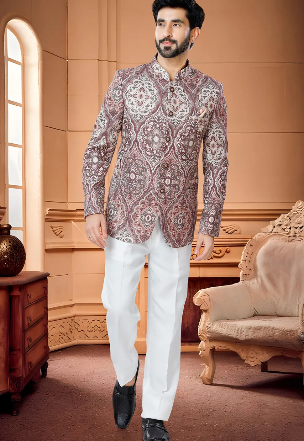 Digital Printed Art Silk Jodhpuri Suit in Brown