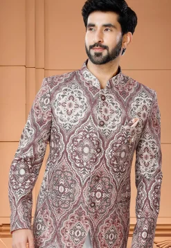 Digital Printed Art Silk Jodhpuri Suit in Brown