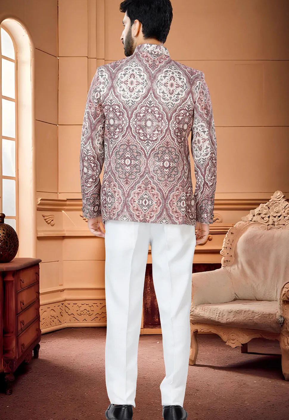 Digital Printed Art Silk Jodhpuri Suit in Brown