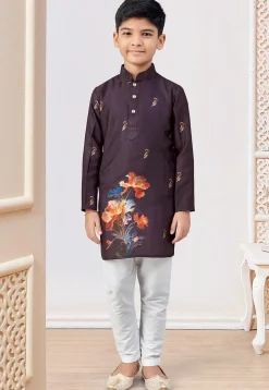 Digital Printed Art Silk Kurta Set in Dark Purple