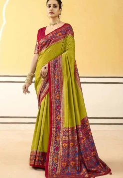 Digital Printed Art Silk Saree in Olive Green