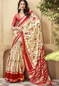 Digital Printed Art Silk Saree in Cream