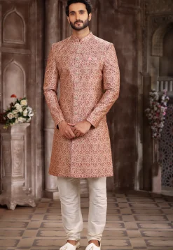 Digital Printed Art Silk Sherwani in Peach