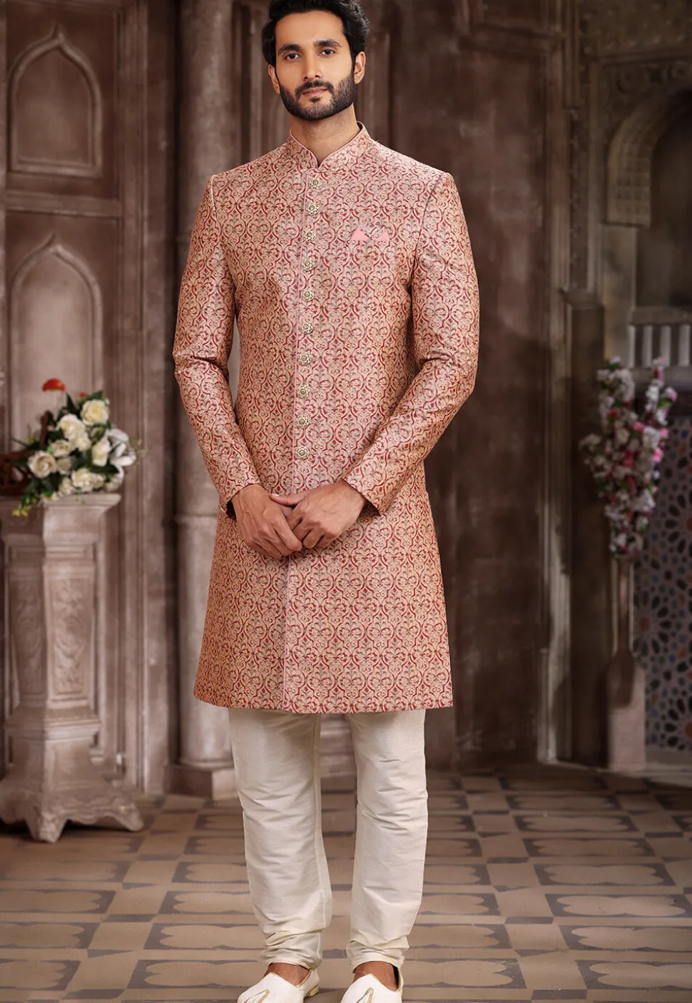 Digital Printed Art Silk Sherwani in Peach
