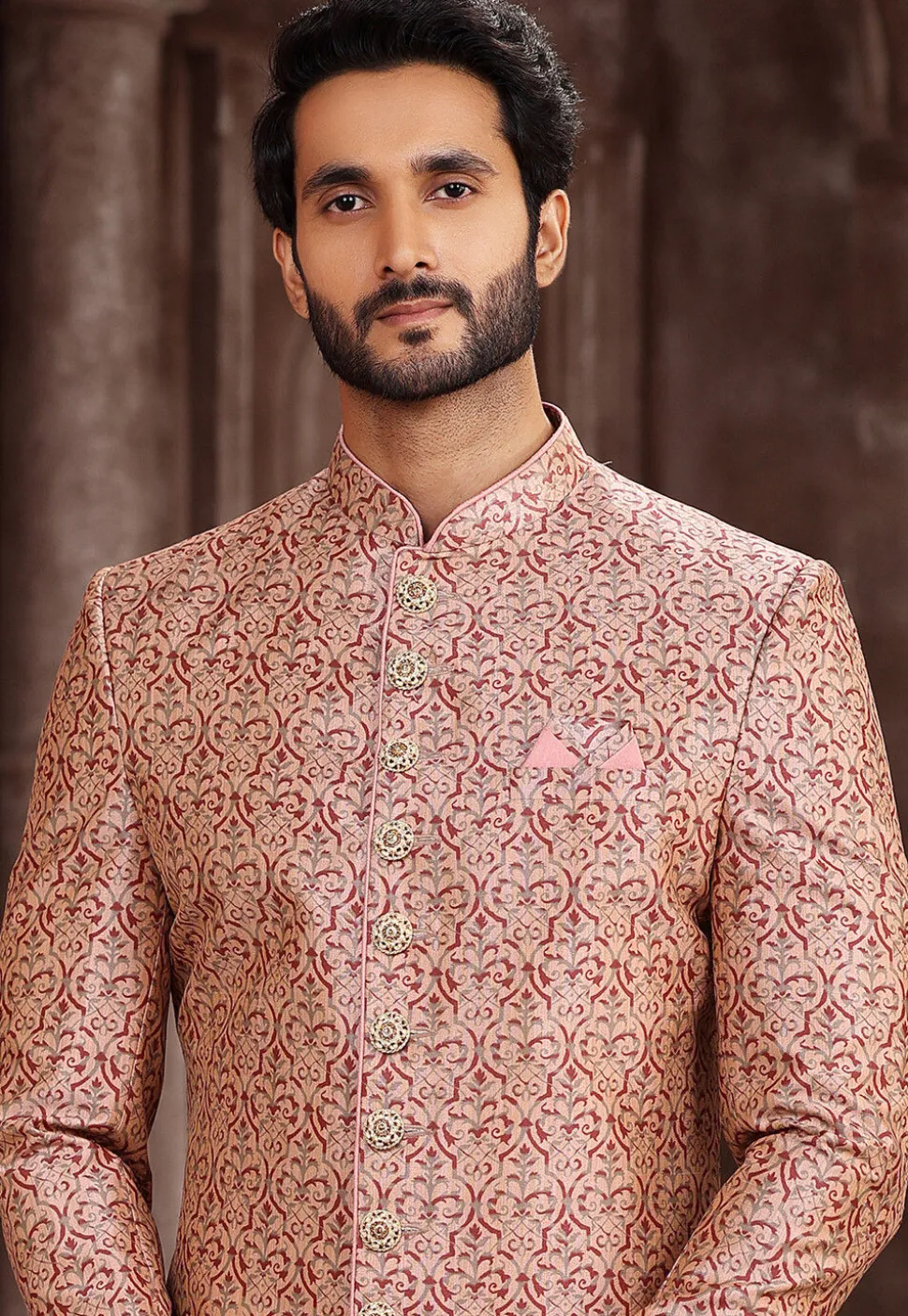 Digital Printed Art Silk Sherwani in Peach