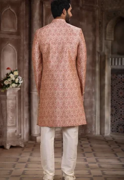 Digital Printed Art Silk Sherwani in Peach