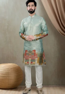 Digital Printed Art Silk Kurta Set in Dusty Green