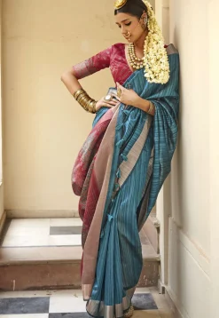 Digital Printed Art Silk Saree in Blue